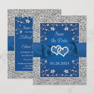 Royal Blue, Grey Love Hearts Wedding Save the Date