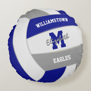 royal blue grey team colours girls volleyball round pillow
