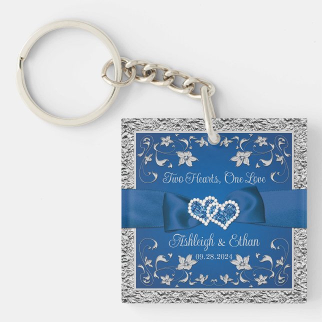 Royal Blue, Grey Two Hearts, One Love Keychain (Front)