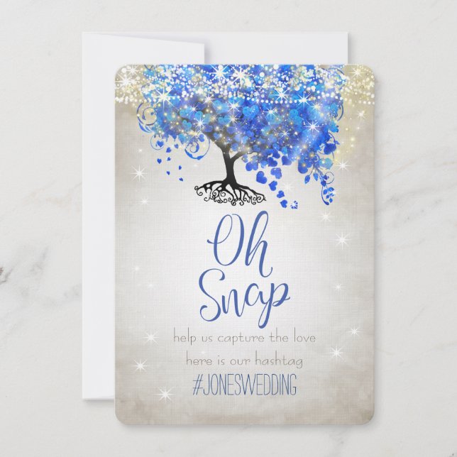 Royal Blue Heart Leaf Tree Silver Wedding Hashtag (Front)