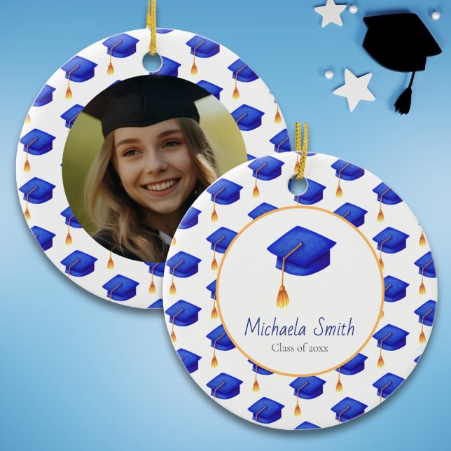 Royal Blue High School Graduation Photo Christmas Ceramic Ornament (Creator Uploaded)