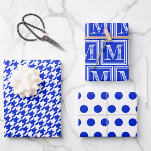 Royal Blue Houndstooth Monogram Polka Dot Wrapping Paper Sheet