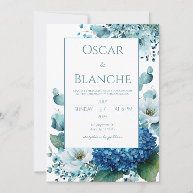 Royal Blue Hydrangea Watercolor Wedding Invitation (Front)