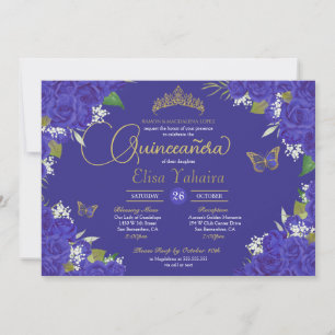 Royal Blue Indigo Rose Tiara Butterfly Quinceanera Invitation