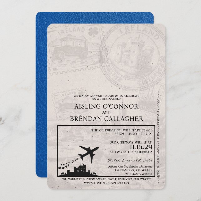 Royal Blue Ireland Passport Wedding Invitation (Front/Back)