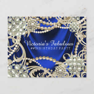 Royal Blue Ivory Pearl Birthday Party Invitation