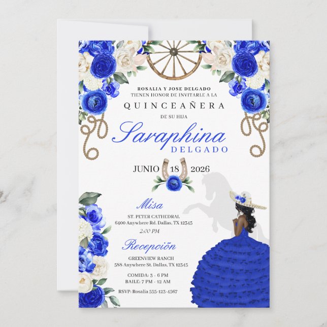 Royal Blue & Ivory Roses Western Quinceañera Invitation (Front)