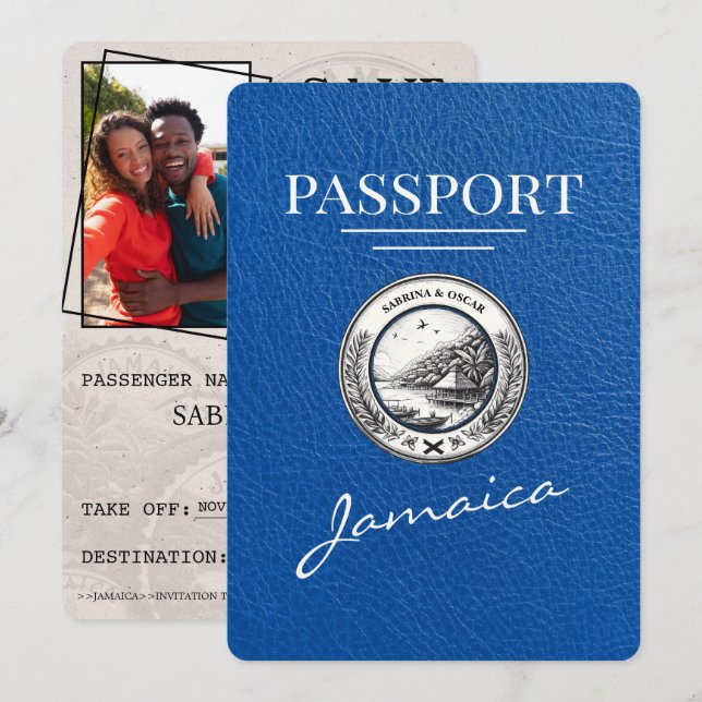 Royal Blue Jamaica Passport Save The Date (Front/Back)