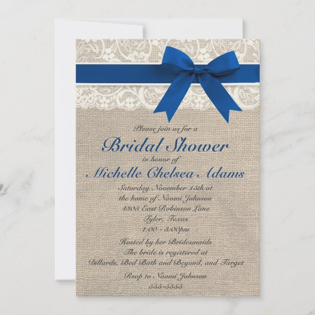 Royal Blue Lace Burlap Bridal Shower Invitation (Front)