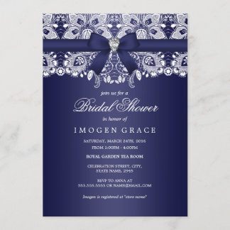 Royal Blue Lace & Diamond Bow Bridal Shower Invitation