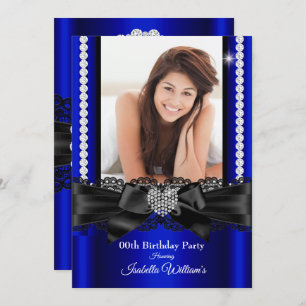 Royal Blue Lace Diamond Heart Photo Birthday Party Invitation