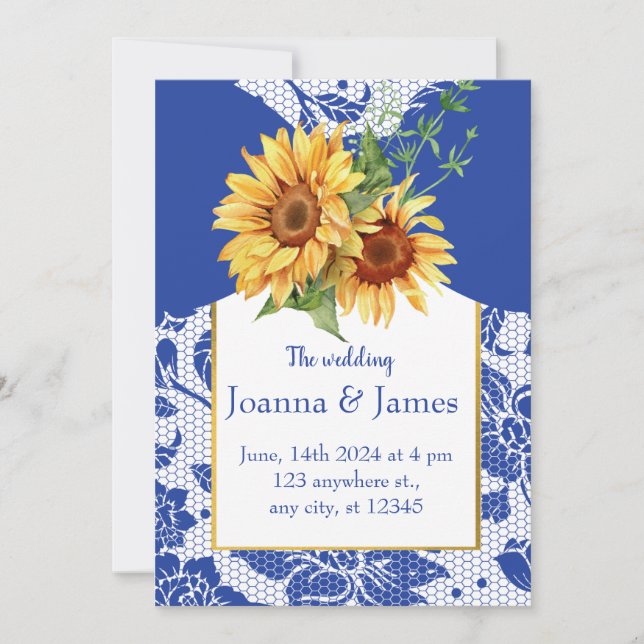 Royal Blue Lace Sunflower Wedding  Invitation (Front)