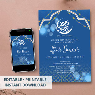 Royal Blue Lanterns and Stars Iftar Invitation