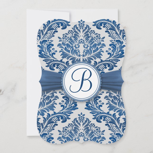 Royal blue leafy damask monogram Wedding Invite (Back)