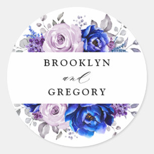 Royal Blue Lilac Purple Floral Envelope Classic Ro Round Sticker
