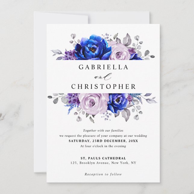 Royal Blue Lilac Purple Floral Wedding Invitation (Front)