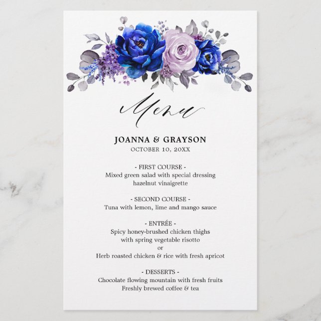 Royal Blue Lilac Purple Floral Wedding Menu (Front)