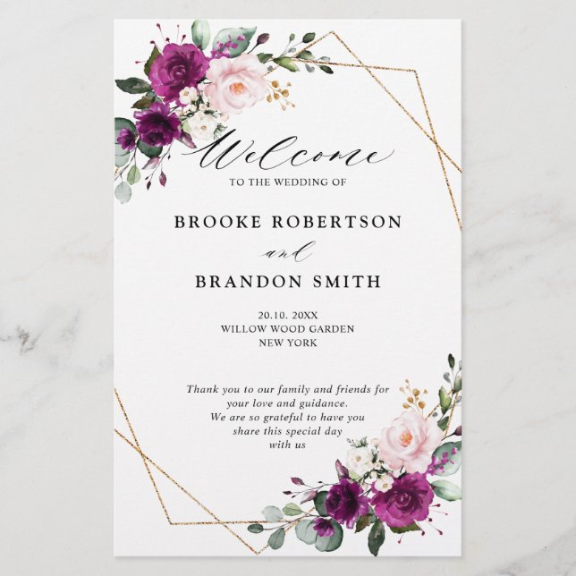 Royal Blue Lilac Purple Floral Wedding Programme (Devant)