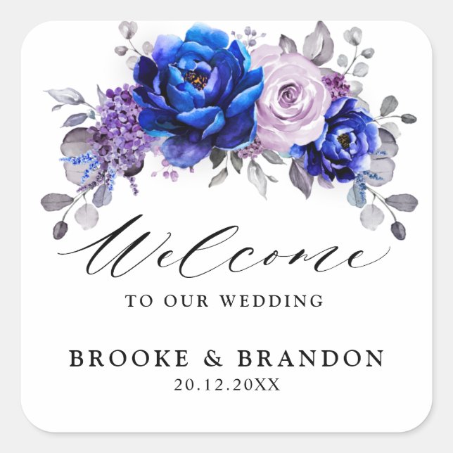Royal Blue Lilac Purple Floral Wedding Welcome Square Sticker (Front)