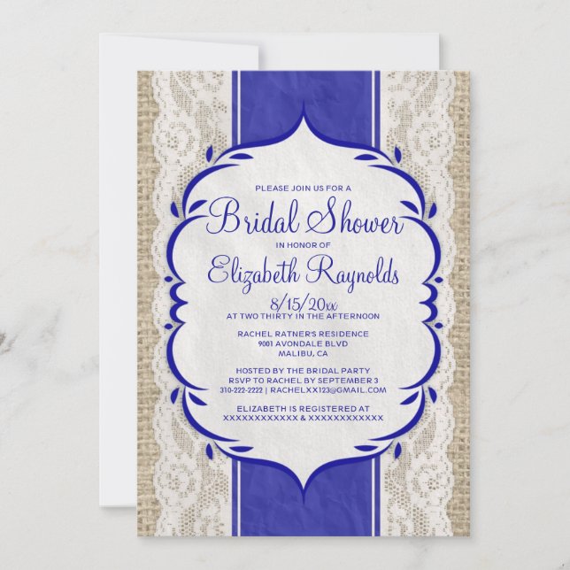 Royal Blue Linen Burlap Lace Bridal Shower Invites (Front)