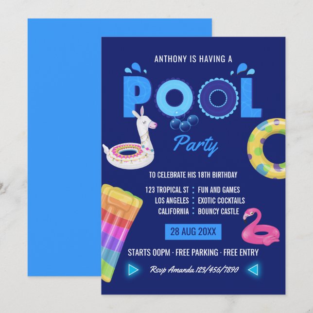 Royal Blue Llama Flamingo Pool Birthday Party Invitation (Front/Back)