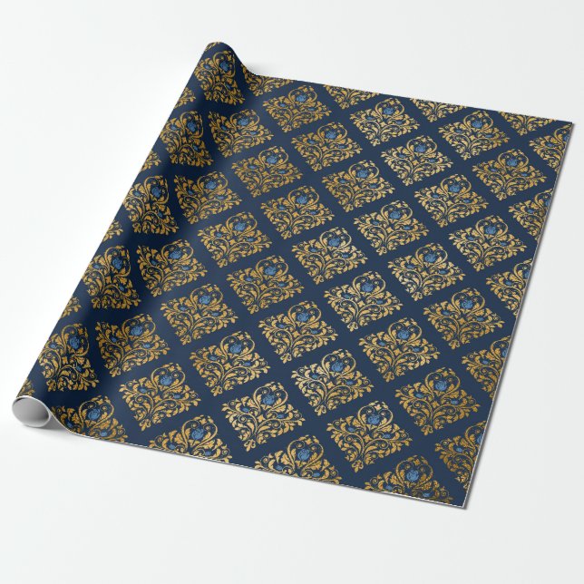 Royal blue luxury damask BIRTHDAY WEDDING WRAP Wrapping Paper (Unrolled)