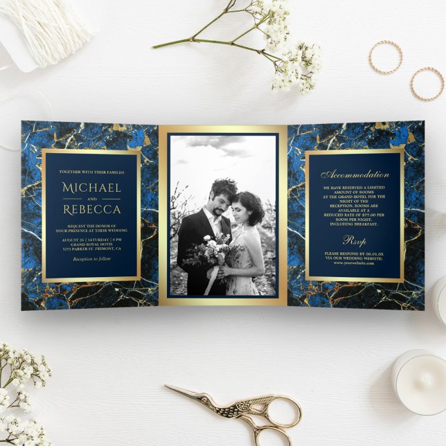 Royal Blue Marble Faux Gold Foil Photo Wedding Tri-Fold Invitation (Creator Uploaded)