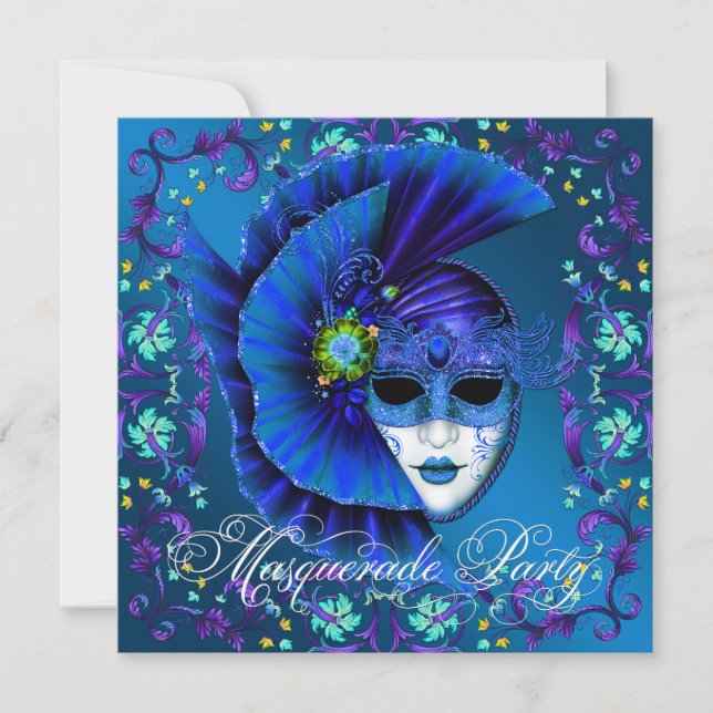 Royal Blue Masquerade Party Invitations (Front)