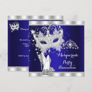 Royal Blue Masquerade Quinceanera Mask Hi Heels Invitation