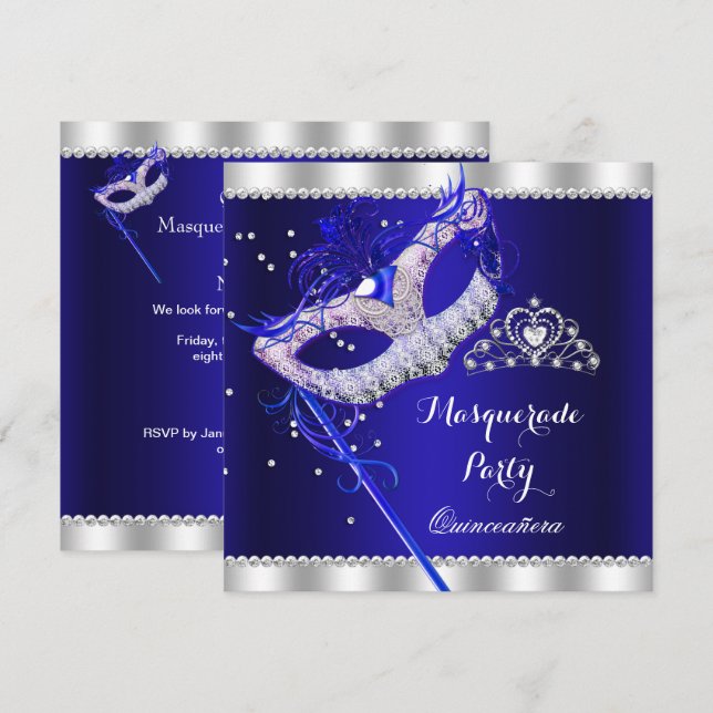 Royal Blue Masquerade Quinceanera Party Mask Gems Invitation (Front/Back)