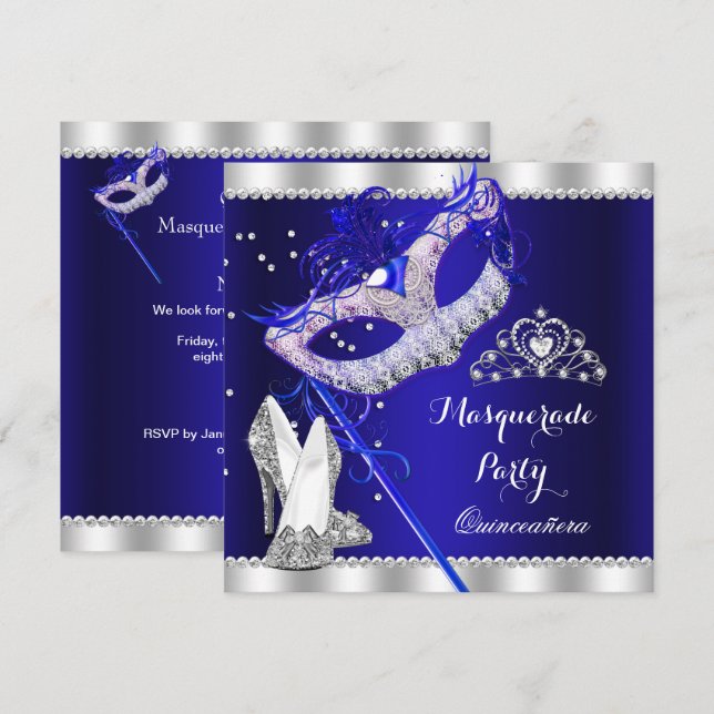 Royal Blue Masquerade Quinceanera Party Mask Heels Invitation (Front/Back)