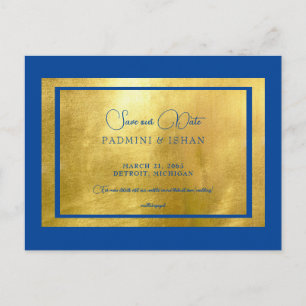 Royal Blue & Metallic Gold Regal Save our Date Postcard