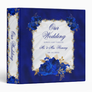 Royal Blue Metallic White Satin Floral Wedding Binder
