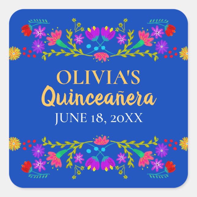 Royal Blue Mis Quince Anos Mexican Fiesta Flowers Square Sticker (Front)