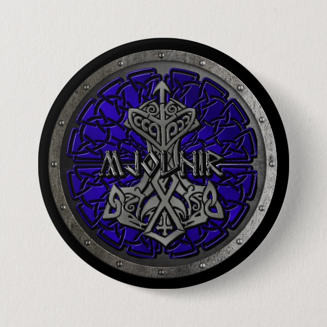 Royal Blue Mjolnir Shield 3 Inch Round Button (Front)