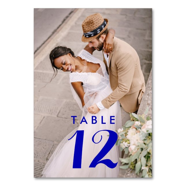 Royal Blue Modern Photo Wedding Reception Table Number (Front)