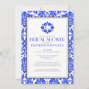 Royal Blue Monogram Damask Bridal Shower Invites