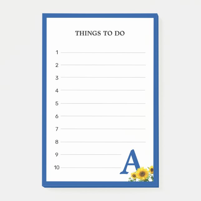 Royal Blue Monogram & Sunflowers Things To Do Post-it Notes (Front)