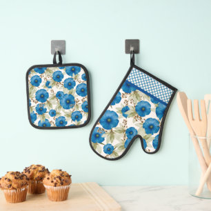 Royal Blue Morning Glories And Lattice Work Oven Mitt & Pot Holder Set