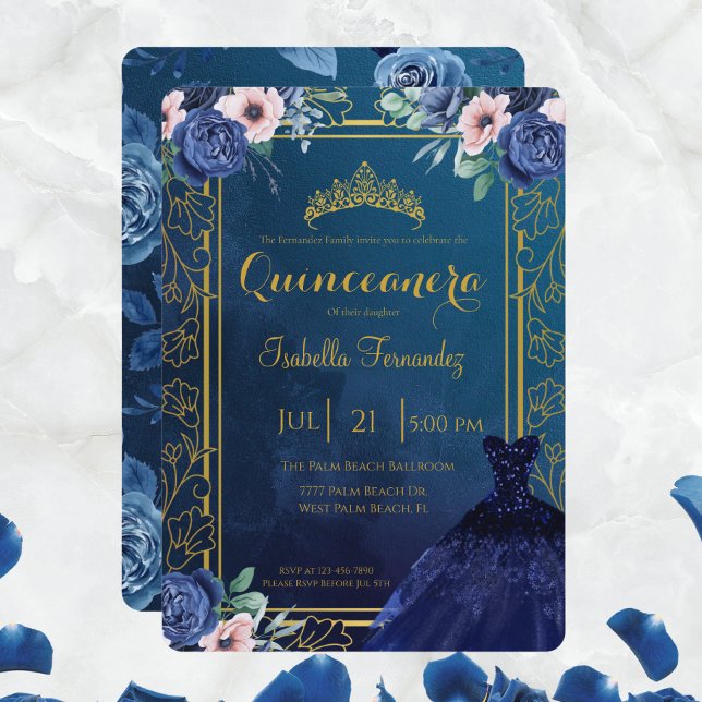 Royal Blue Navy Roses Glitter Dress Quinceanera  Invitation (Creator Uploaded)