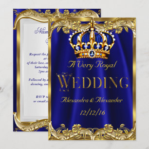Royal Blue Navy Wedding Gold Crown 3 Invitation