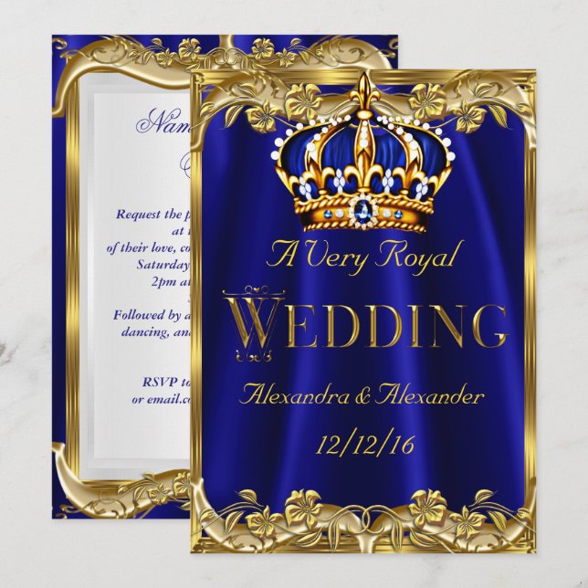 Royal Blue Navy Wedding Gold Crown 3 Invitation (Front/Back)