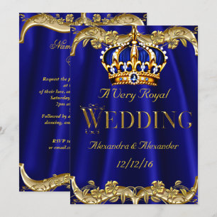 Royal Blue Navy Wedding Gold Crown Invitation