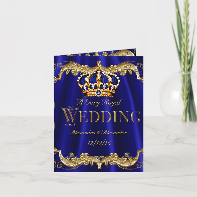 Royal Blue Navy Wedding Gold Crown Photo Invitation (Front)