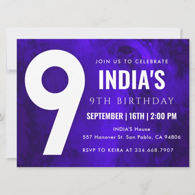 Royal Blue Neon 9th birthday Invitation (Front)
