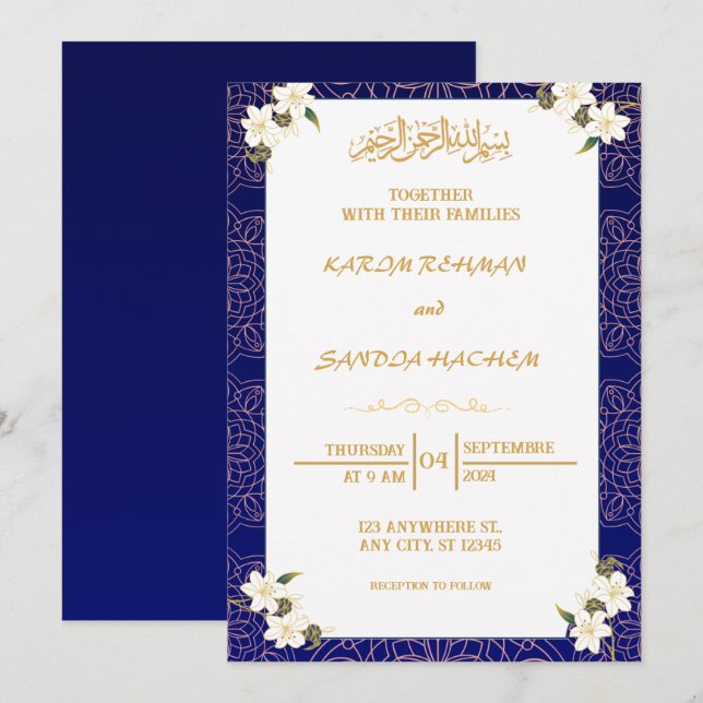 Royal Blue Nikah Faire-part de mariage musulman is (Devant / Derrière)