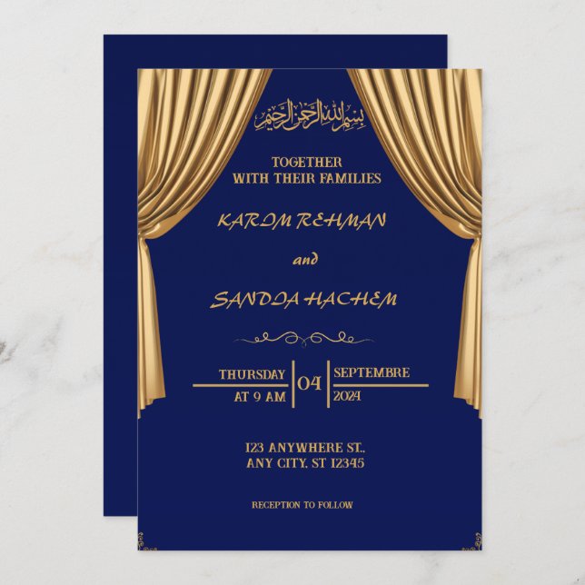 Royal Blue Nikah Islamic Muslim Wedding Invitation (Front/Back)
