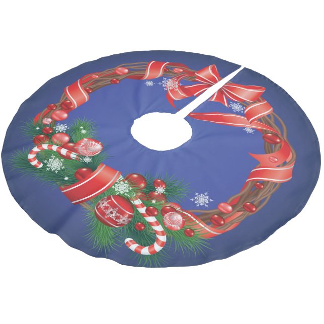 Royal Blue Ombre  with Christmas Wreath Brushed Polyester Tree Skirt (Angled)