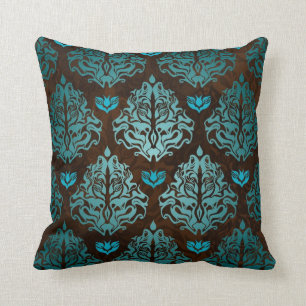 Royal Blue on Brown Retro Damask Luxury Decorative Throw Pillow