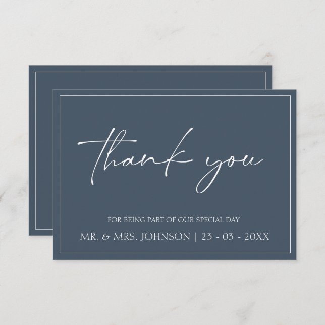 Royal Blue Opulence Script Wedding Thank You Card (Front/Back)